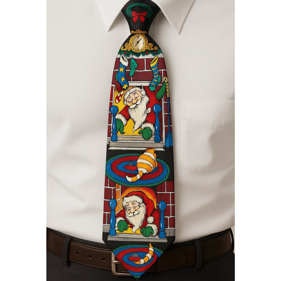 VTG Christmas Silk Tie Santa by Fireplace Cat Stocking Holiday Novelty Addiction - Picture 2 of 9